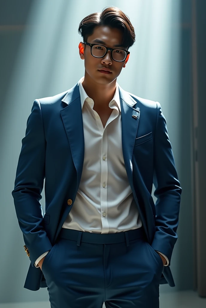 best quality, masterpiece, 8K, HD, masculine, 30 year-old korean gentleman, muscular, nerdy look, glasses, very tight fitting blue business suit, big bulge, golden ratio, sexy, god rays, soft lighting, dynamic shadows, sharp focus, perfection, no watermark,covered with milk dripping down