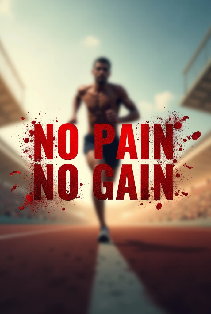I would like an image in 1080 x 1350, with the following sentence in the center of it "No Pain No Gain" in red with shattering effects, in the background of the image, something that is motivating and draws attention related to sport, Maybe a blurred person that you notice is trying hard like a race or some Olympic sport