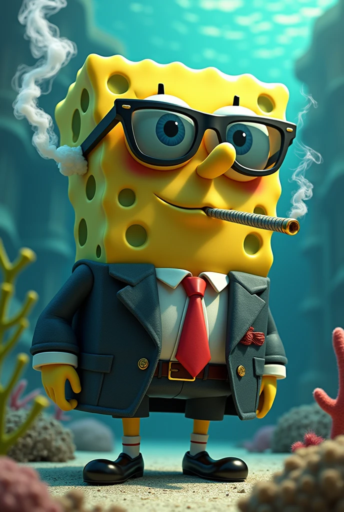 Spongebob squarepants wearing a luxury clothes while smoking weed