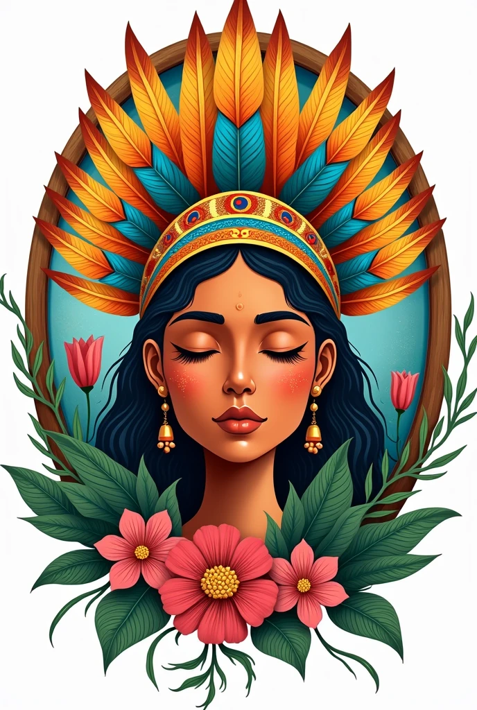 Illustration of the round face of an indigenous Colombian woman with cinnamon-colored skin, eyes closed facing forward, wearing a headdress with orange, yellow, aquamarine and ochre feathers, surrounded by flowers, Succulents and creepers in a wooden circle on a white background