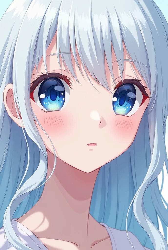 Anime Girl with long, loose white hair, blue eyes and sweet face
