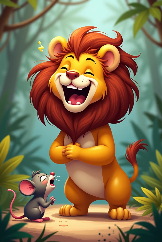  Pictures Story: Lion laughs and holds his stomach , Mouse cries 
  