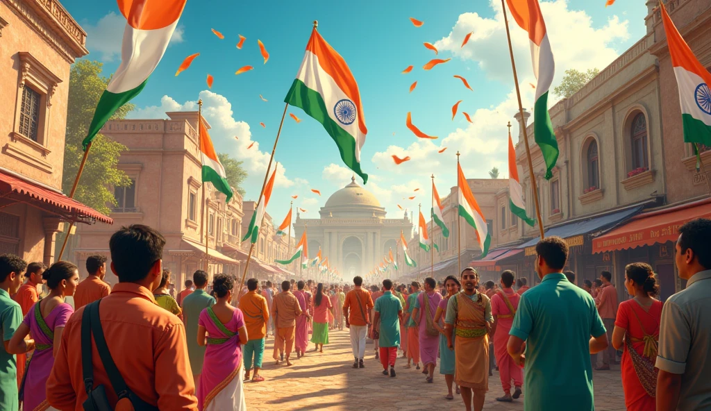 **Global Indian Communities**: Scenes of Indian communities around the world celebrating Independence Day with traditional events, flag ceremonies, and cultural displays, illustrating the global reach of India’s independence celebration.in Dall e-3 style 
