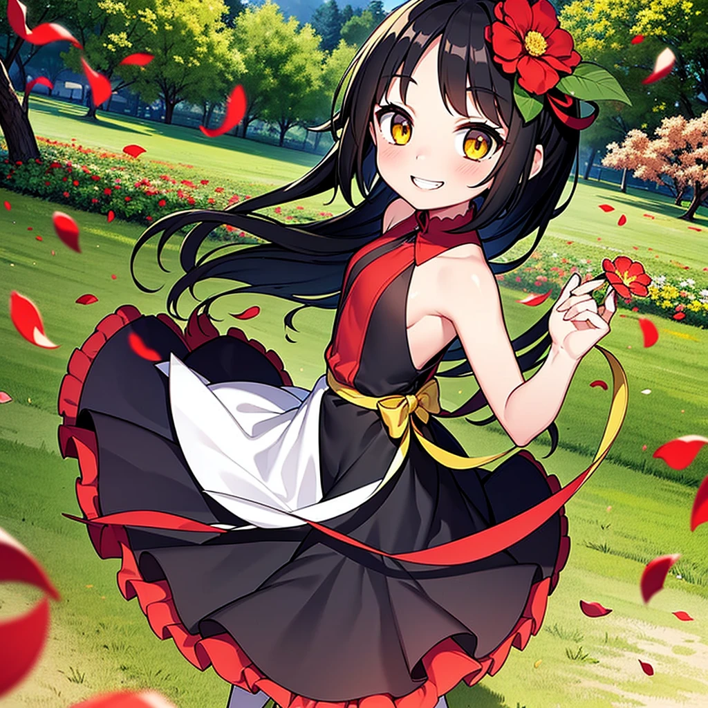 One person, High resolution,Tree Eyes,Wide-angle shot, beast,Yellow Eyes,Black Hair,Red face,smile,Wedding dress,church,Flower Field,dance,Dancing petals,Fantasy,Character profile, Embarrassed,