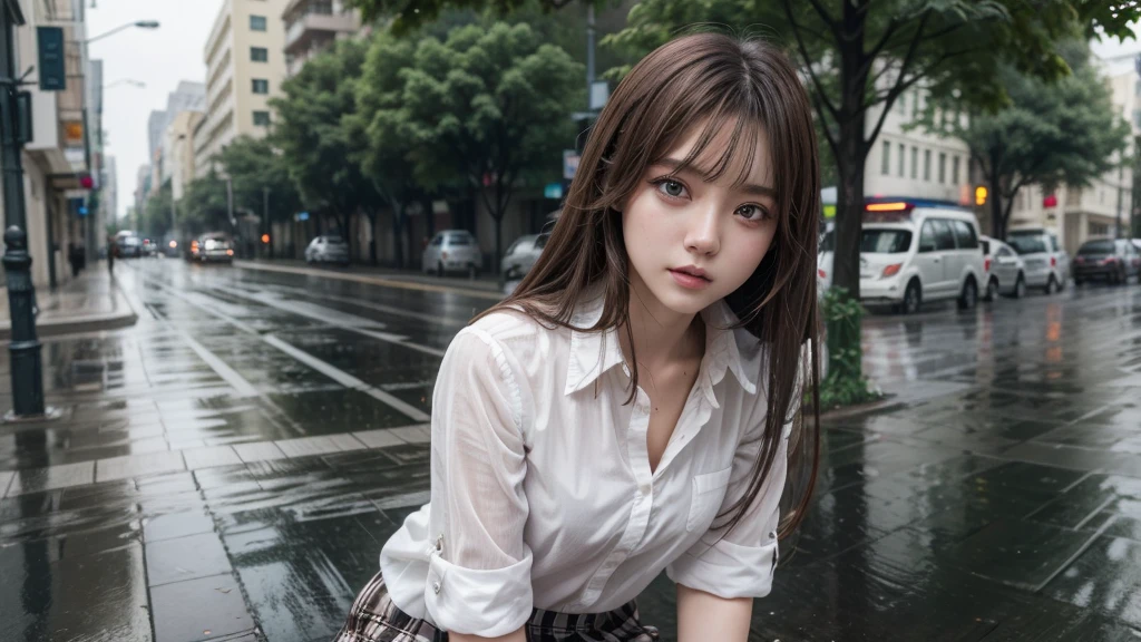 Rainy street trees, detailed eyes, beautiful image, one beautiful woman, long hair, brown hair, bangs, short checked skirt, white blouse,