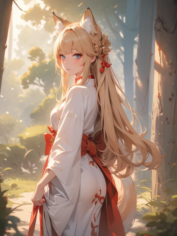 masterpiece, Highest quality, Very detailed, 16K, Ultra-high resolution, Cowboy Shot, One girl from , Detailed face, Perfect Fingers, Fox Ears, tail, Golden Eyes, blonde, Long Hair, Red kimono, in the forest, During a walk