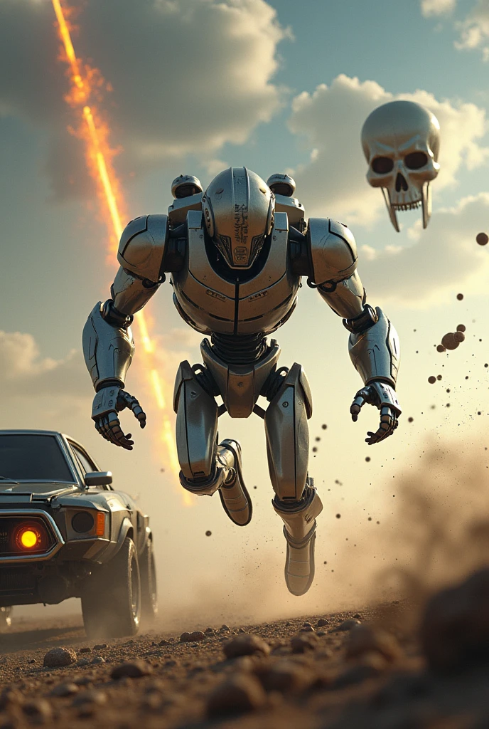 A robot jumping towards a moving vehicle while a meteorite falls in the background and there is an iron skull chasing the robot