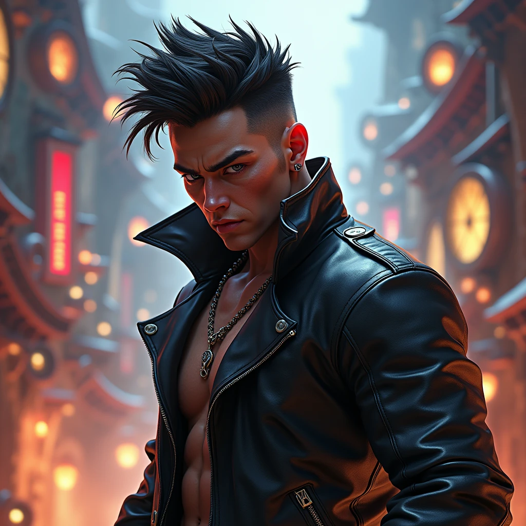 Black Leather Jacket, digital painting art style, fantasy video game concept art style, dynamic and richly detailed composition, vibrant colors, action-packed scene, emphasizes dramatic poses and expressive faces, immersive environments with fantasy backgrounds, designed to draw viewers into fantastical worlds, typical for character and environment designs in video games, full body, (best quality, masterpiece, photorealistic), very aesthetic, perfect composition, intricate details, ultra-detailed, vivid colors