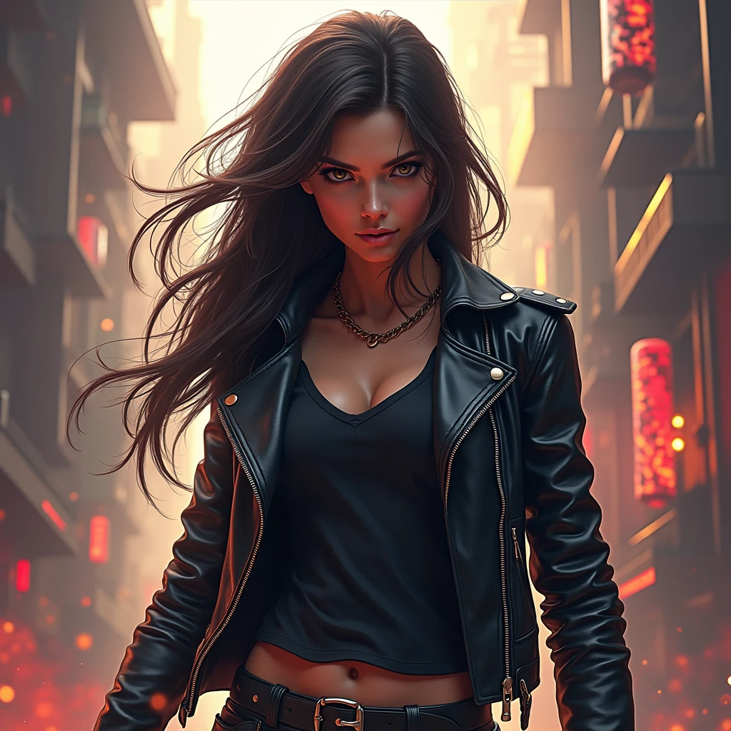 Black Leather Jacket, digital painting art style, fantasy video game concept art style, dynamic and richly detailed composition, vibrant colors, action-packed scene, emphasizes dramatic poses and expressive faces, immersive environments with fantasy backgrounds, designed to draw viewers into fantastical worlds, typical for character and environment designs in video games, full body, (best quality, masterpiece, photorealistic), very aesthetic, perfect composition, intricate details, ultra-detailed, vivid colors