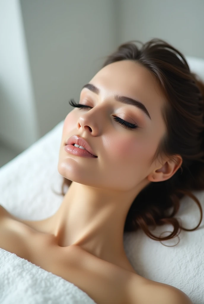 A woman in a beauty salon lying on a white stretcher, with eyelash extensions photo of your eyes, eyes open 