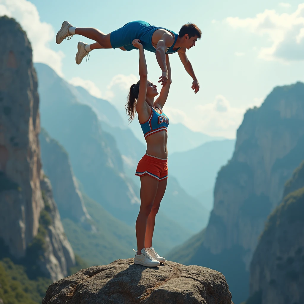 Beautiful teen lifting a man high over her head with her strong arms. She is standing on a cliff with tall Mountains in the background. She is dressed in cheer attire.