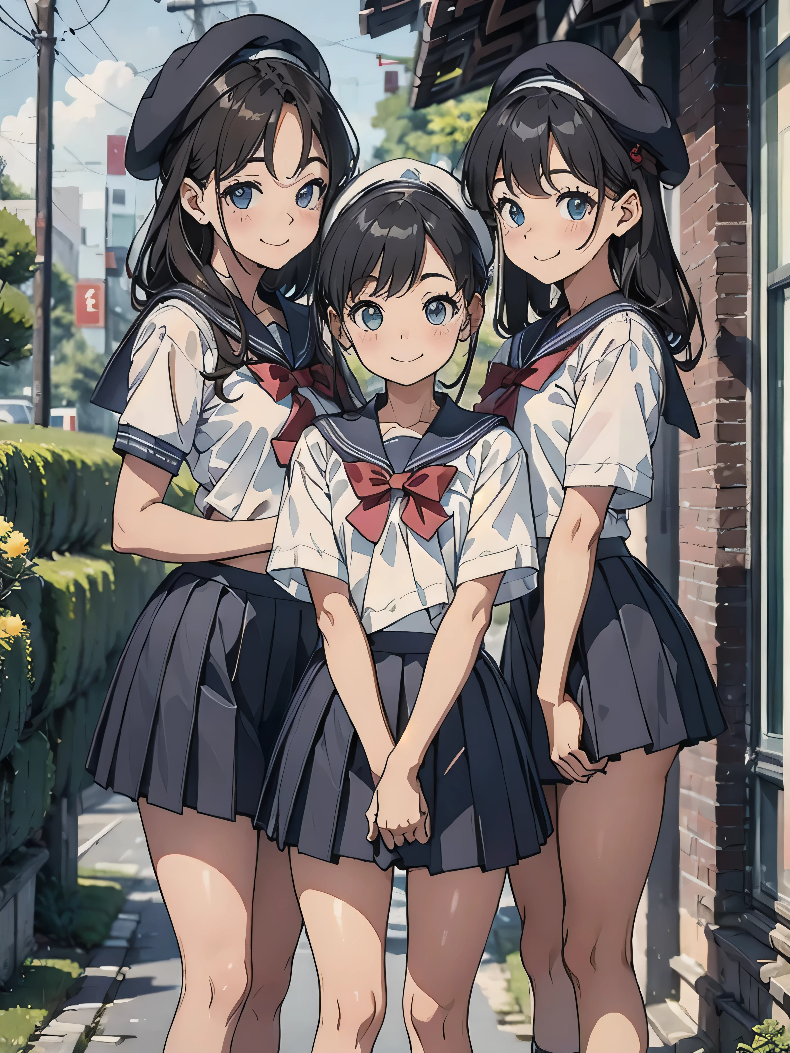  cute、daily、Group photo、Smiling face、Sailor suit、mini skirt、beret、50mm lens、