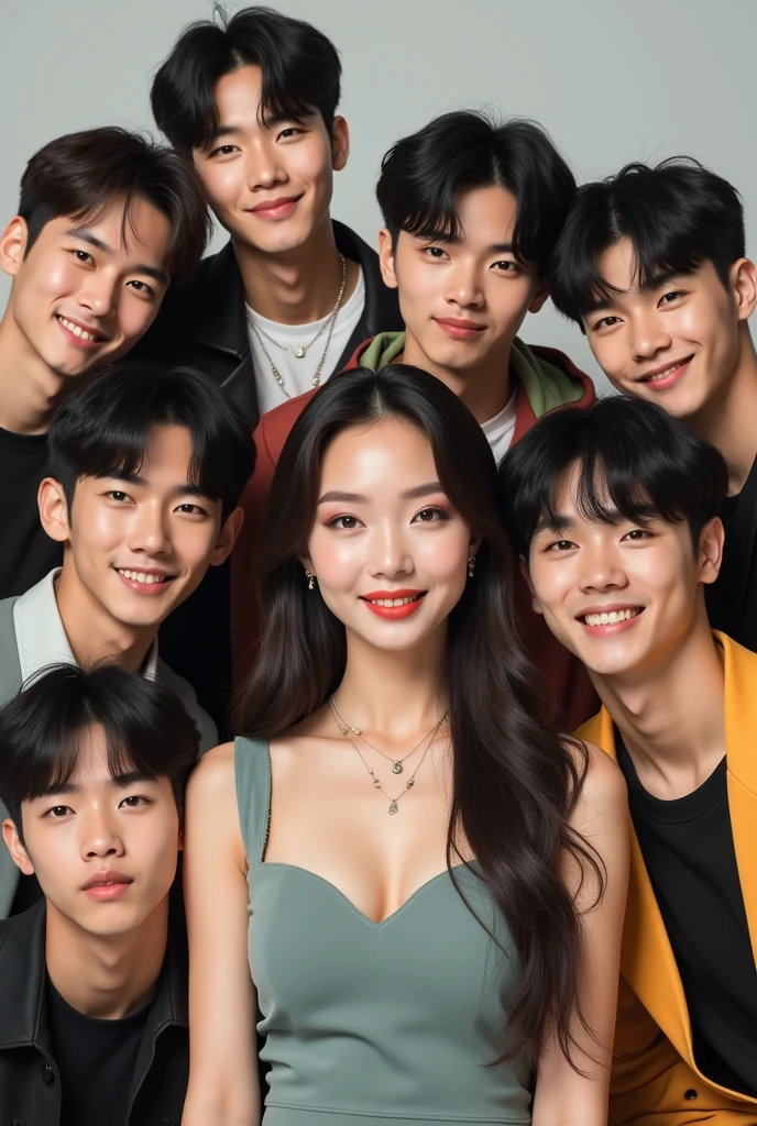 1 woman, 7 men kpop artists, smiling, looking at front, everyone's face seen clearly like real people