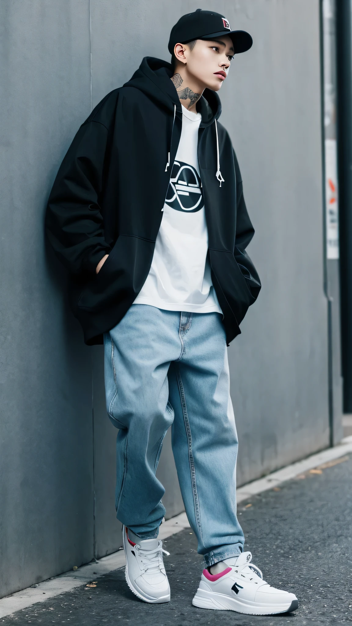 A young person in streetwear fashion, standing against a graffiti wall. They are wearing a hoodie, baggy jeans, and sneakers, with a cap turned backward. The colors are bold, and the lighting creates strong contrasts, adding to the urban vibe.
