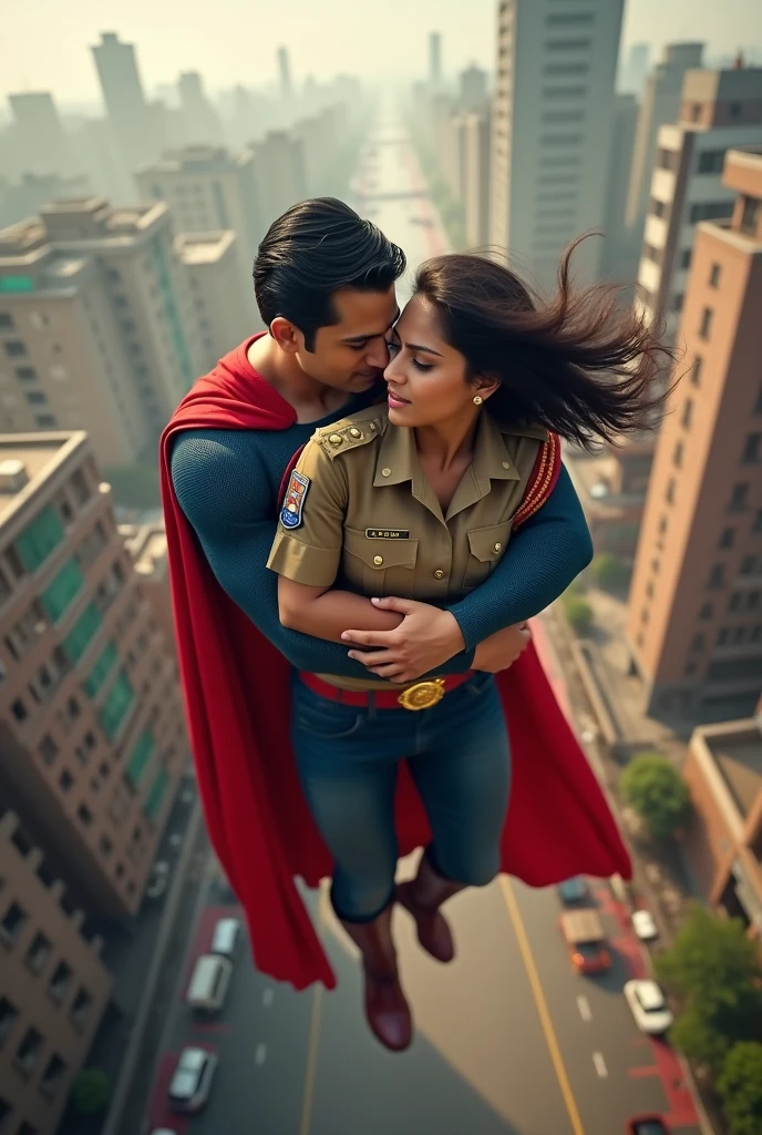 "Superman is soaring through the air, his iconic red cape flowing behind him as he gently cradles an Indian woman in his arms. The woman, dressed in a traditional Indian police uniform, looks surprised and amazed as she gazes up at him. They are descending towards the ground, with Superman’s determined expression showing his focus on the landing. The scene is set against the backdrop of a bustling city, with the woman’s hair slightly tousled by the wind, adding to the sense of motion and heroism."