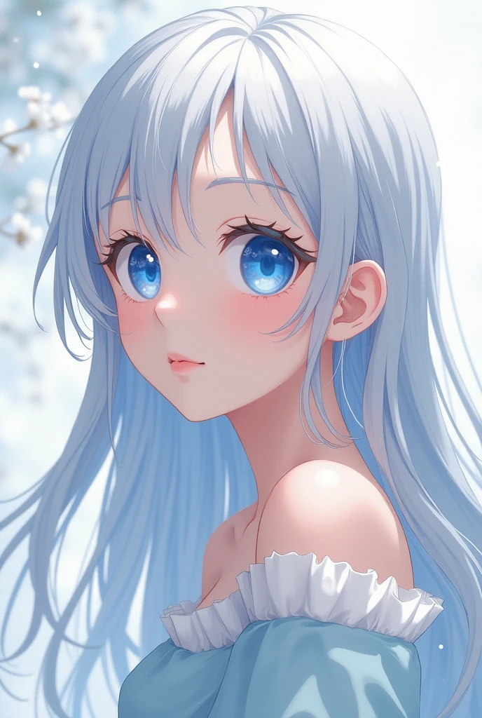 Anime Girl with long, loose white hair, blue eyes and sweet face 
