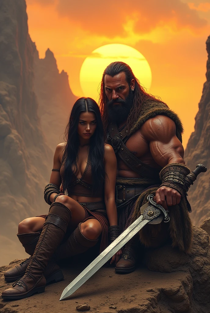 A muscular and imposing warrior, with long brown hair, sitting on a rocky terrain under an orange sky, Suggesting the sunset. He is dressed in heavy armor and tribal ornaments., holding a long, shining sword, that rests on the ground beside you. Beside him, a dark haired woman, dressed in warrior attire with leather and metal pieces, is partially hidden behind it, looking into the distance with a serious expression. The scenery in the background is desolate and mountainous., with big cliffs, creating an intimate and wild couple scene.