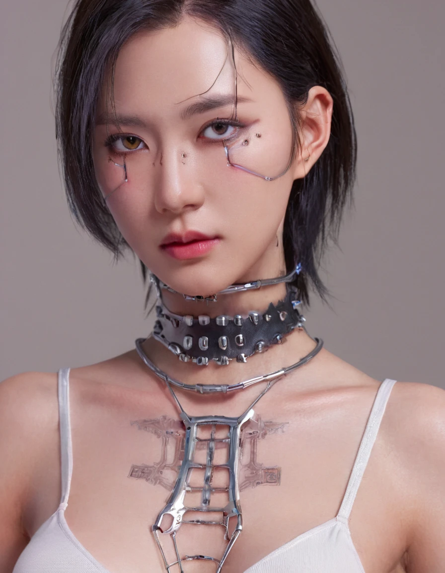 A stunning close up 4K photo-realistic image of a cyberpunk demi-human girl with an Asian face, glossy reflected make up. Her visage is adorned with intricate machine implants, including a sleek silver visor that covers her eyes, revealing only a small slit for vision. These implants enable advanced sensory input and communication with her cybernetic systems.

Her skin is pale, with visible scars that tell a story of her past battles and a faint line where her flesh meets the cold metal of her implants. The seams are barely noticeable, indicating skilled integration between her organic and mechanical components.

Her hair is black, spiked up in an aggressive yet stylish manner. Small LED lights are integrated into the strands, flickering with various colors to match her mood. The hair is a statement piece, reflecting her rebellious spirit. The overall atmosphere of the image is captivating, photo, her body is embedded with mechanical implants under the skin, cyborg arms,  cyberware lines embedded in her face, , (Photorealsitic)、(intricate detailes:1.2)、(​masterpiece、:1.3)、beauty face, (top-quality:1.4)、(超A high resolution:1.2)、超A high resolution、(A detailed eye)、(detailed facial features), ((Realistic lighting、top-quality、8K、natural light, ​masterpiece:1.3))、bright photo, Clear focus:1.2、1girl in、flawless beauty:1.4、Superfine Face、big Narrow-eyed、double eyelid、photos realistic, perfect eyes, perfect skin, detailed skin, detailed face, looking viewer, front view, potrait, raw photo, simple soft pink background, (intricate detailed skin textured:1.4) front view, looking viewer, clear face, 1 girl、porate、Bright and very beautiful face、beautiful girl, A stunning close-up portrait showcasing the beauty of a Korean model. The composition features soft, natural lighting , bright eyes, and striking cheekbones.