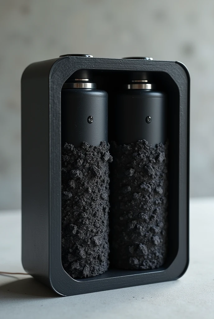 (Photorealism:1.2), power battery com camadas de carvão ativado deve ser retratada como escura e porosa, The battery must be in an open case to reveal the internal structure and allow moisture absorption., (power battery), have two electrodes