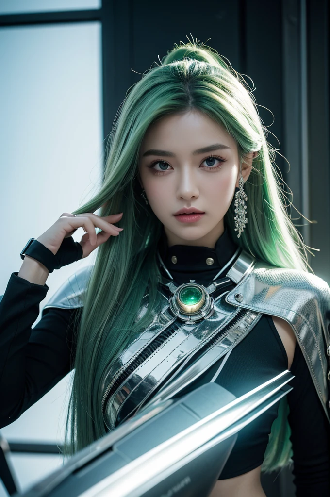 16k, best quality, extremely detailed, ultra quality, ultra highres, masterpiece, beautiful, Raw Photo, Her design is very intricate and detailed. Her green hair and cybernetic eye are very striking. Her outfit is very practical, with a mix of black, white, and pink accents. She is also carrying a unique weapon that has a futuristic design.