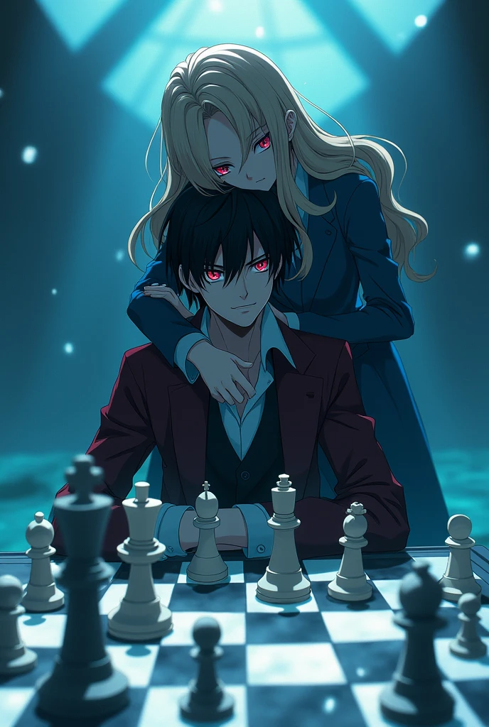 Lelouch with "geass eyes" from "code geass" playing chess alone with c.c. Standing behind him hugging his head, anime drowning, 4k.