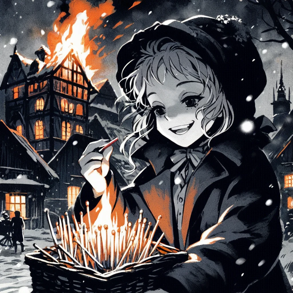 Bold brushstrokes, anime style illustration, midsummer night, crazy fun, movie lighting, 19th century, European winter night, burning house, the little match girl watching, she lights a match with a satisfied smile, she is wearing a coat and holding a basket of matchboxes in her arms.