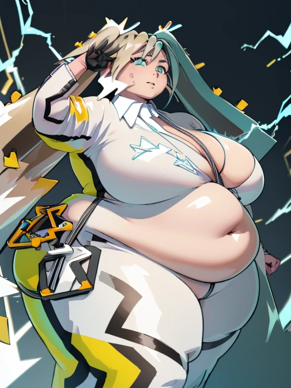 (best quality, anime,), ((ssbbw)), ((bbw)), ((very huge breasts)), (hatsune miku), (solo), tight bodysuit, electricity aura, (long twin tale), (extremely fat legs, very wide hips,), (overhanging belly fat), cyberpunk background,