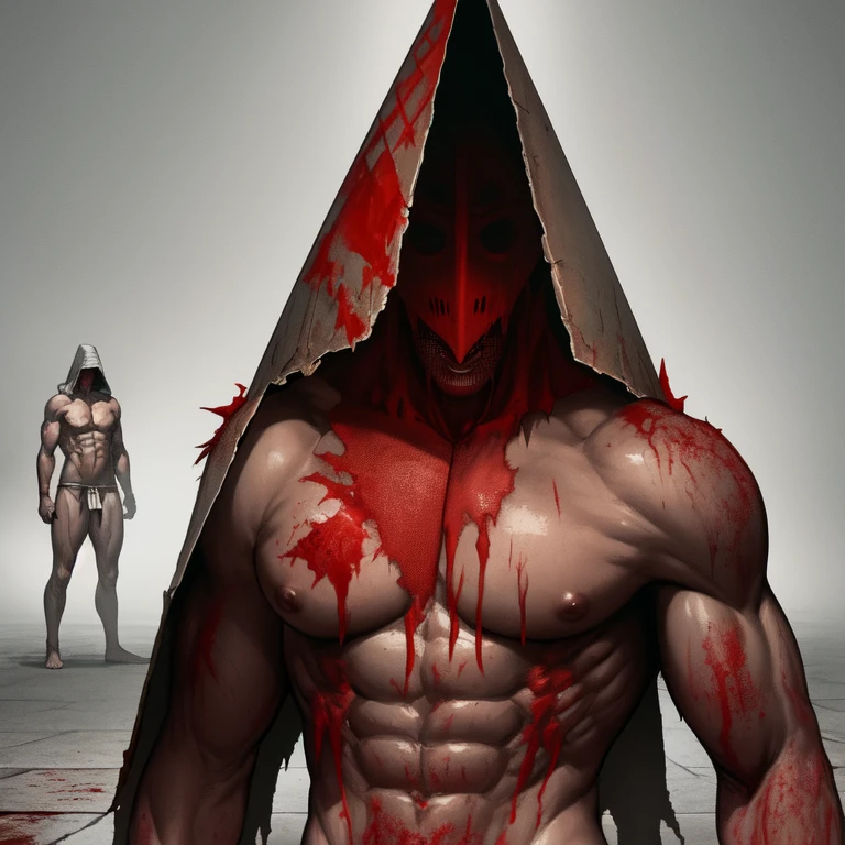 Pyramid head、silent hill、Horror、Upper body naked、muscle、Blood and Rust、A loincloth made from patched together human skin。He was holding a large rusty meat cleaver in his hand.、I was dragging it across the floor。monster。Sexual。