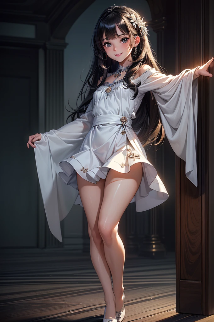 ((masterpiece, best quality, ultra-detailed, high resolution, extremely detailed CG, super detailed, Most beautiful clean lighting)), 1girl, small, , cute girl, pretty face, smile, white skin, Beautiful black long hair, black eyes, kawaii, full body, nsfw,