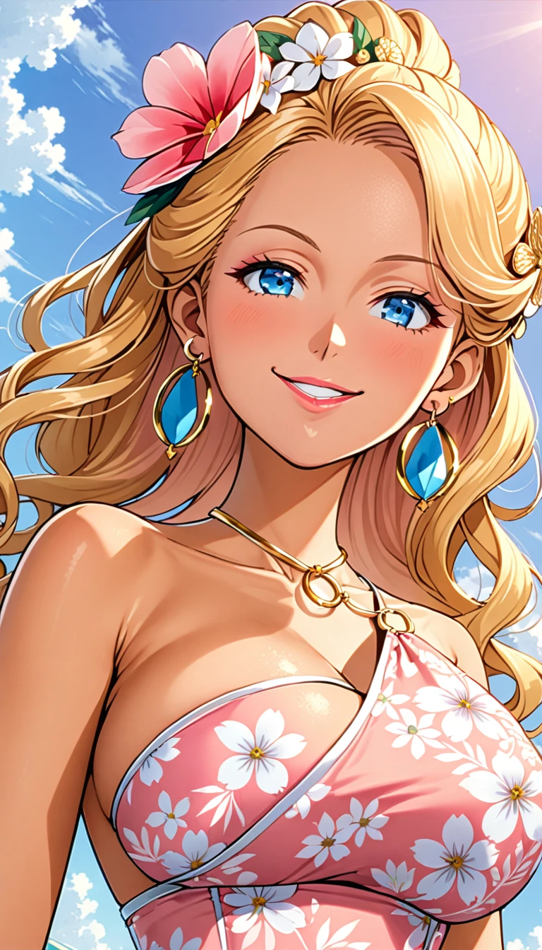 ultra detailed, ((a girl)), (portrait), (tanned skin:1.4), pastel gyaru, (intense makeup), (professional lighting) hyper detailed, absurd, 8k, Beautiful Face, (Laughs shyly), ((smirk:1.6)), ((happy smile:1.5)), ((Wink:1.5)), (Laugh with your mouth wide open),((Tilt your face:1.6)), Look at your spectators, ((Bright red cheeks:1.6)),Bright, stunning pink lips, ((huge breasts:1.6)), ((undressing:1.2)), ((Her tattoo peeking through her micro bikini white:1.2) ), noon, summer, Sea view terrace, ((anime style background)), masterpiece, Maximum quality, (Light up your face), very beautiful, The latest, Complex details, ((long fluorescent pink nail: 1.2)), (ring), (bracelet), ( Floral Choker), AI generated, complex, high resolution, maximum quality, super high quality, 3D images, 3D images, one person, (long blonde hair), (high ponytail ), (wavy hair: 1.4), anime woman posing for a photo, ((Fine grain, blue eyes, bright eyes: 1.4)), (Squint: 1.1), a hyper-realistic, hyper-realistic, realistic anime woman with hair long honey blonde, CG anime soft art, a girl in a beautiful pastel colored micro bikini white, ((pastel colored Furisode)), (pink big floral pattern), (side chest), long flower hair ornament, large gold hoop earrings, mature body, tall, narrow waist, front view, ((Dutch angle)), (upper body),