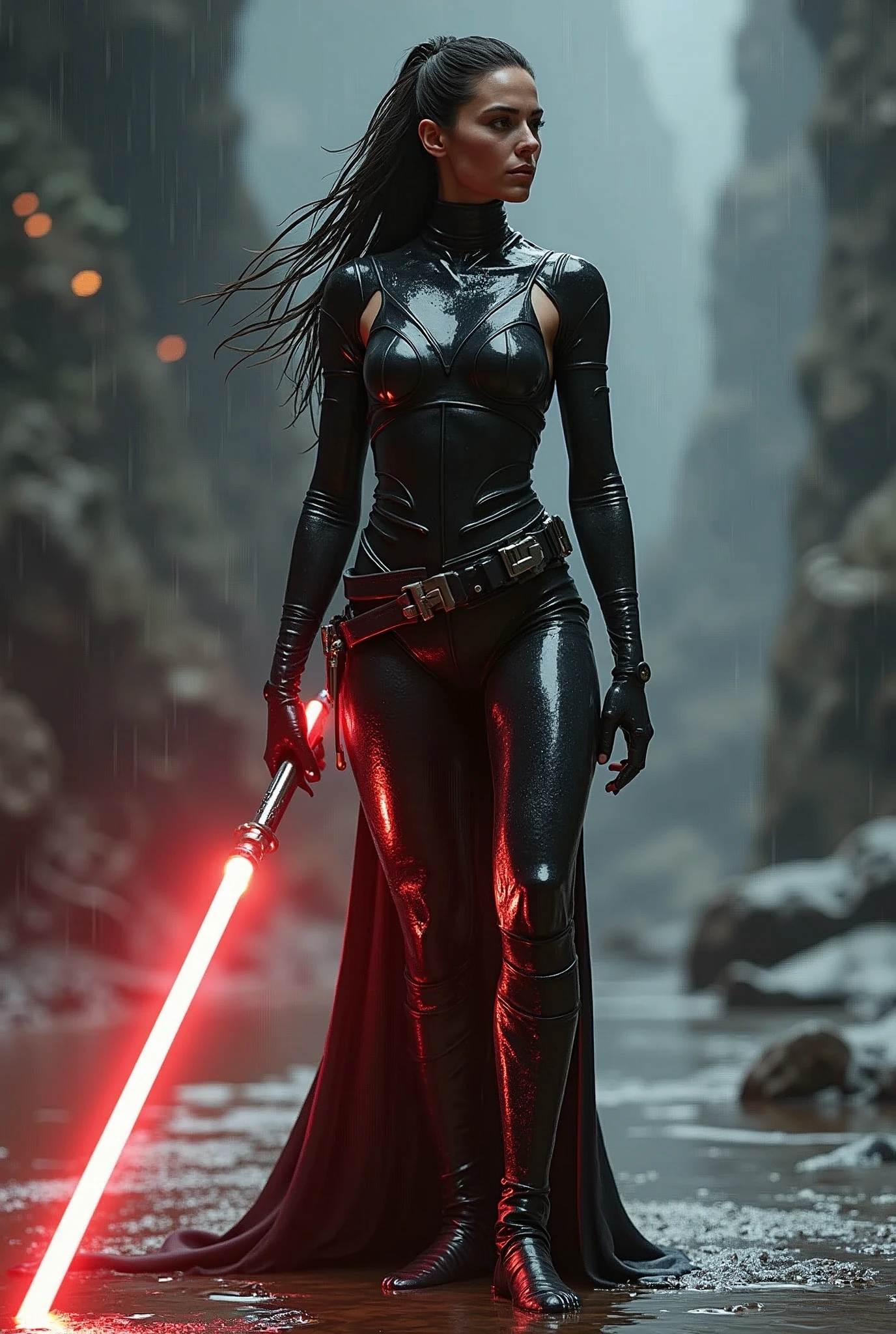 arafed woman in a wet suit holding a lightsabed sword, cinematic goddess body shot, cinematic body shot, female jedi, star wars character, wet shiny skin, holding lightsaber 4 k, shiny wet skin!!, adventure hyper realistic render, hyper realistic detailed render, hyper realistic sci fi realistic, unreal engine render + a goddess, wlop glossy skin