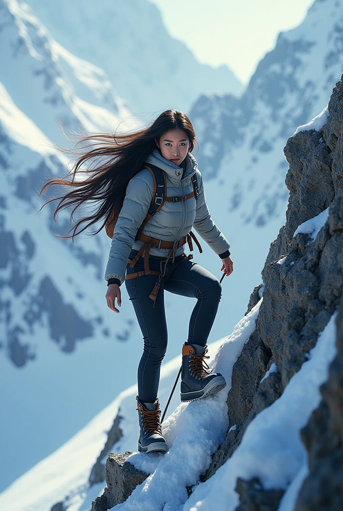 Asian brunette with blue eye climb mountain