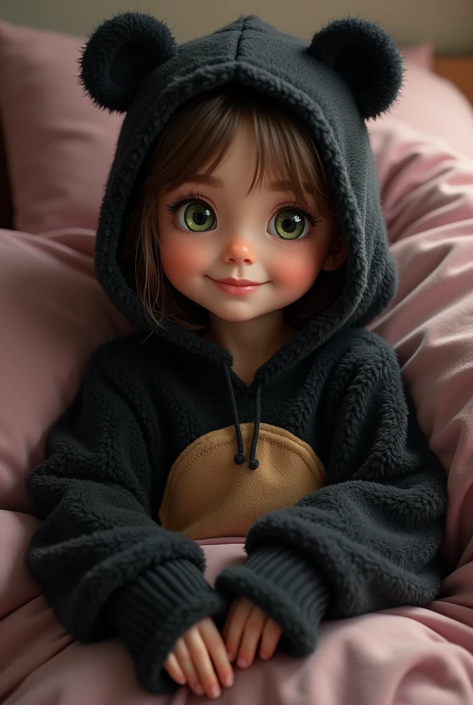 beautiful, (masterpiece), Best Quality, (extremely detailed face), extremely detailed eyes,  perfect lighting, General detail, detailed, deep skin,textured skin,
,Bear costume ,black Bear costume, long sleeves, hood up,,mauve , by the wide, green eyes, big smile,in bed ,sitting between pillows,
,