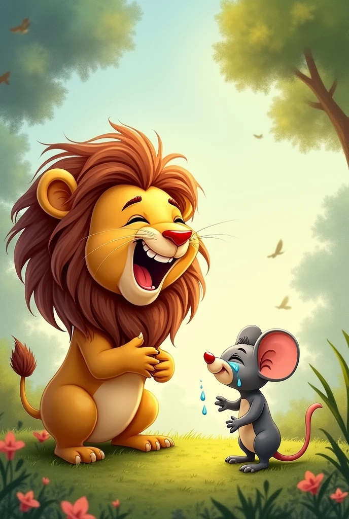 Children Pictures Story: Lion laughs and holds his stomach , Mouse cries tears