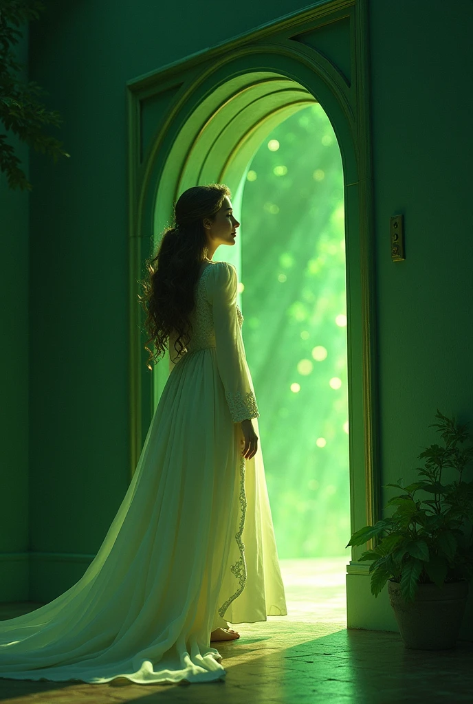 Opening magical green door in the wall.Light from another room shines into the opened opening,magical world,in which a very beautiful one is visible,a tenderly smiling woman with motherly love in her eyes.
