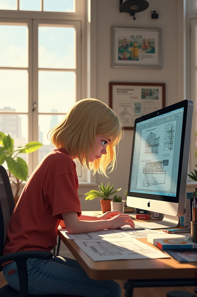 white, dark blonde hair, fine nose, skateboarder style, architecture student, in an office using autocad