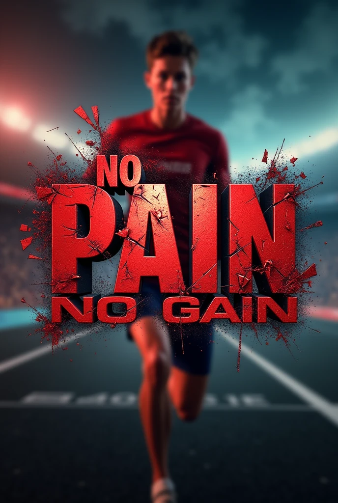 I would like an image in 1080 x 1350, with the following sentence in the center of it "No Pain No Gain" in red with shattering effects, in the background of the image, something that is motivating and draws attention related to sport, Maybe a blurred person that you notice is trying hard like a race or some Olympic sport