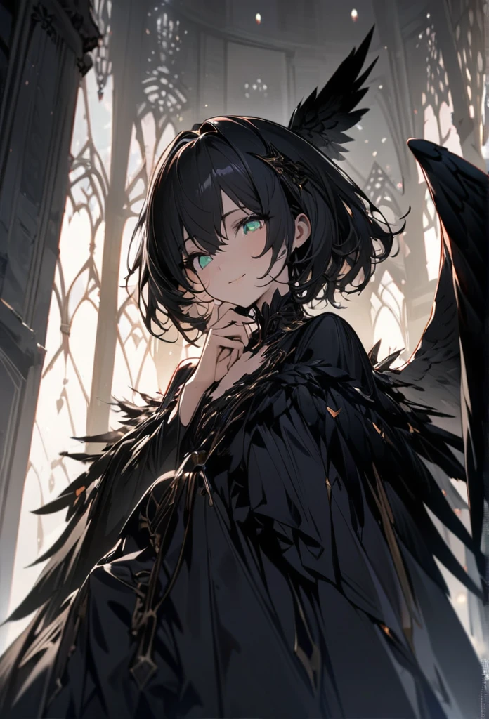 concept is A girl's fallen angel,wearing black clothes and has black wings,She lies face down on the top floor of the tower and puts her hands on her chin and looks down at the lower world.An invincile smile,(((masterpiece))), (((best quality))), ((ultra-detailed)), (illustration), (detailed light),((an extremely delicate and beautiful)),(beautiful detailed eyes),Darkness