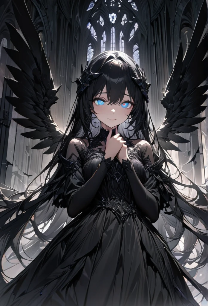 concept is A girl's fallen angel,wearing black clothes and has black wings,She lies face down on the top floor of the tower and puts her hands on her chin and looks down at the lower world.An invincile smile,(((masterpiece))), (((best quality))), ((ultra-detailed)), (illustration), (detailed light),((an extremely delicate and beautiful)),(beautiful detailed eyes),Darkness
