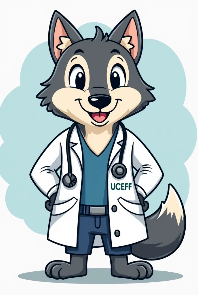 Create a mascot for an academic nursing center Description of the mascot: 
Cute wolf in a lab coat with a stethoscope around his neck Description of the lab coat: written "CAENF" and also written "UCEFF"