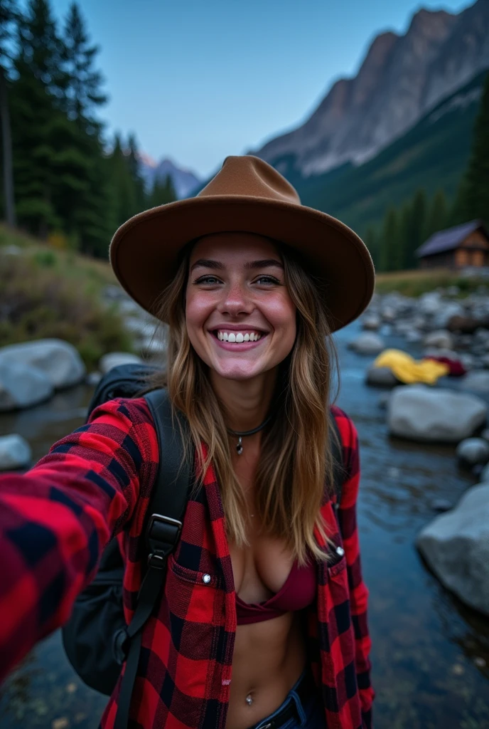 1 woman ((upper body selfie, happy)), masterpiece, best quality, ultra-detailed, solo, outdoor, (night), mountains, nature, (stars, moon) cheerful, happy, backpack, sleeping bag, camping stove, water bottle, country boot, country hat, red plaid shirt long sleeve open, lantern, forest, rocks, river, wood, smoke, shadows, contrast, clear sky, style, (warm hue,  warm tone: 1.2), close-up, cinematic light, side lighting, ultra high resolution, best shadow, RAW, upper body, wearing lingerie, seductive look, huge breasts, 4k, open neckline, sexy