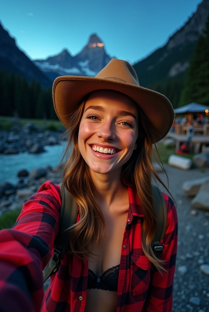 1 woman ((upper body selfie, happy)), masterpiece, best quality, ultra-detailed, solo, outdoor, (night), mountains, nature, (stars, moon) cheerful, happy, backpack, sleeping bag, camping stove, water bottle, country boot, country hat, red plaid shirt long sleeve open, lantern, forest, rocks, river, wood, smoke, shadows, contrast, clear sky, style, (warm hue, warm tone: 1.2), close-up, cinematic light, side lighting, ultra high resolution, best shadow, RAW, upper body, wearing lingerie, seductive look, huge breasts, 4k, open neckline, sexy