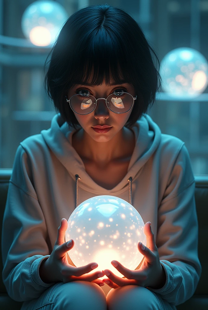 (1girl), anime, short dark hair, dark skin, shiny glasses lenses, mouth closed and expressionless, sitting, with her hands holding a glowing orb while two other glowing spheres orbit around her, photorealistic, 8k, hyperdetailed, intricate, digital art, cinematic lighting, volumetric lighting, dramatic lighting, muted color palette, sci-fi, futuristic, ethereal, otherworldly