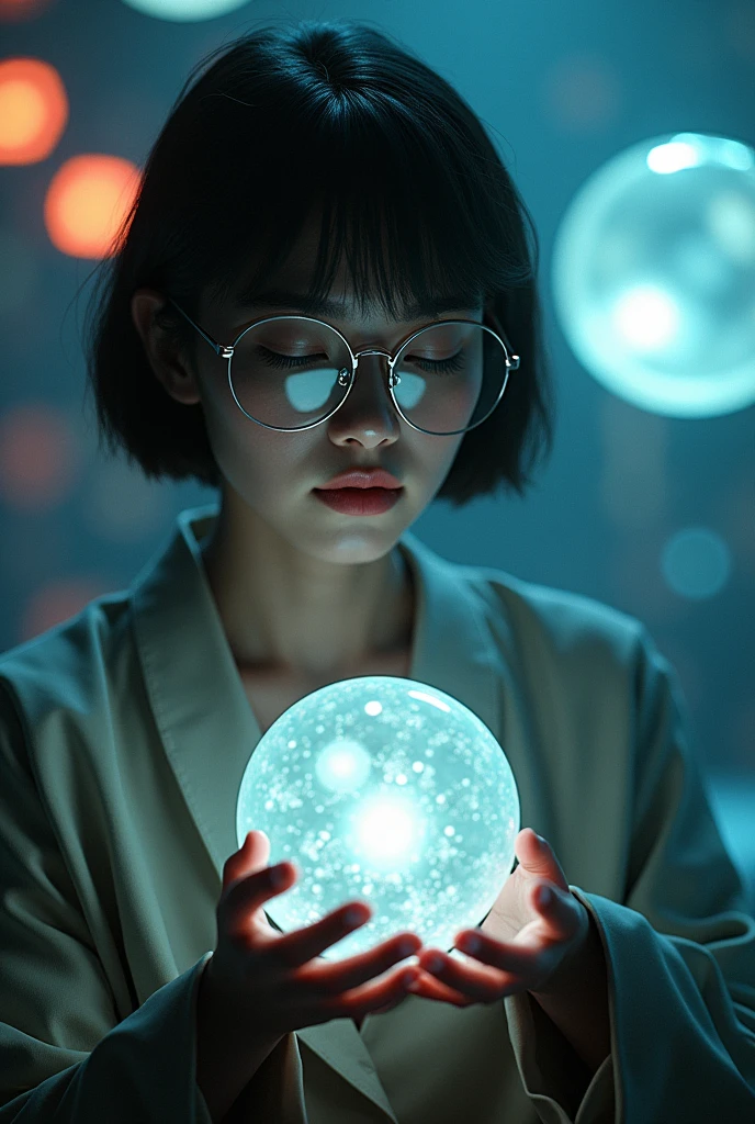 (1girl), anime, short dark hair, dark skin, shiny glasses lenses, mouth closed and expressionless, sitting, with her hands holding a glowing orb while two other glowing spheres orbit around her, photorealistic, 8k, hyperdetailed, intricate, digital art, cinematic lighting, volumetric lighting, dramatic lighting, muted color palette, sci-fi, futuristic, ethereal, otherworldly