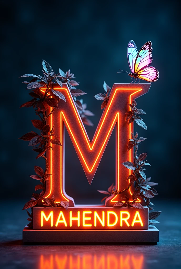 Create an image of a stylized letter ‘M’ with a glowing neon outline, adorned with vines and leaves that have a bioluminescent quality. Include butterflies with detailed and vibrant wings, one of which is perched on the letter. The color scheme should feature orange, green, and white hues reminiscent of the Indian flag, with a touch of blue from the Ashoka Chakra integrated into the design. The background should be dark to accentuate the glowing elements of the letter ‘M’ and its natural decorations.The base displays the word “MAHENDRA”Clear in elegant orange letters, with a subtle backlight illuminating the design against a soft gray background, 4k HDR quality picture.