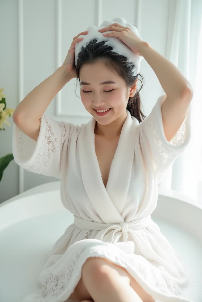 Create an Asian middle-aged beauty，Cute huge  and big ass，White high collar thin lace bathrobe，Scratching the scalp with both hands，Two hands washing hair on top of head，There is a lot of foam on the head，Foam wrap head，Realistic foam，The expression is happy，front，The characters are realistic and realistic，Pure white background，Character front position，9:16 frames，Ultra-high-definition picture quality
