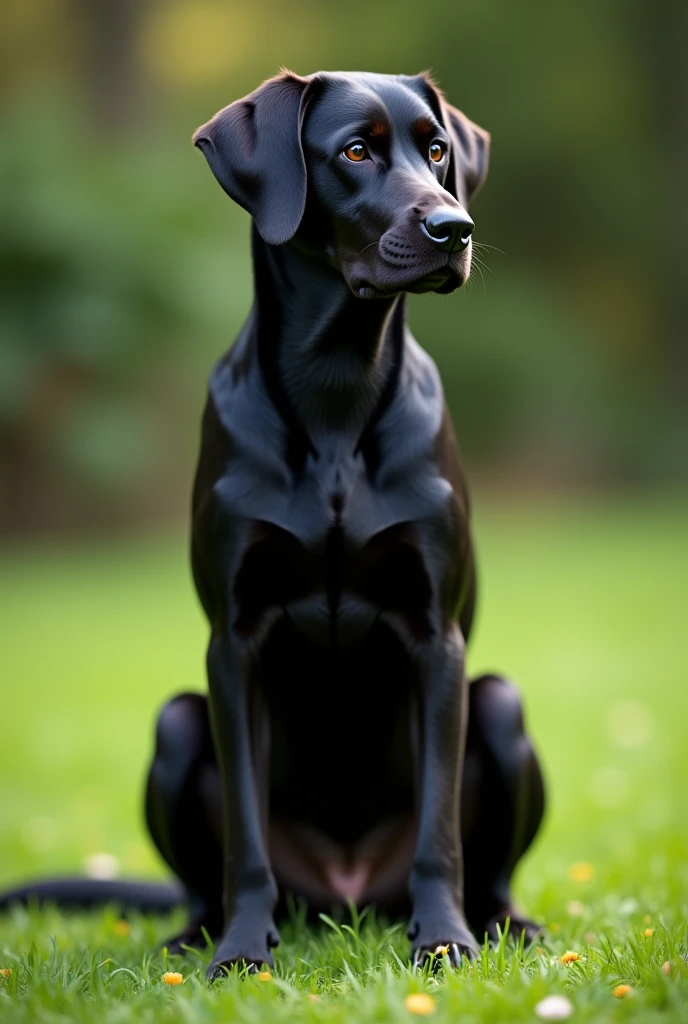 A thin and smaller black Labrador-style dog, sitting on grass