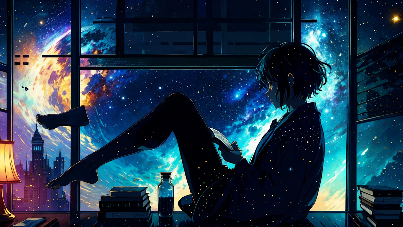 masterpiece, One person, alone, A room full of scattered books, Sit by the window, barefoot, Reading books, Night by the window, Distant city lights, Starry Sky, nebula, Close-up side shot, 8k, detailed, Highest quality,