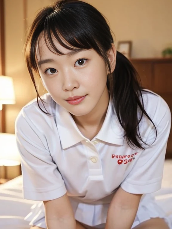 (Masterpiece, Best quality:1.3), (Ultra realistic, Photo-realistic:1.2), Natural light, 28 years old actress, Japanese 2 women, Neat and clean, (White tennis uniform, White short-sleeve polo shirt with darknavy line collar:1.1), (unbutton:1.3), (White pleated skirt:1.1), white sock, (ponytail:1.2), (Beautiful face), Oval face, clear, Beautiful eyes, Kind eyes, Clear skin, Small face, Beautiful mouth, Small mouth, Natural makeup, Approachable, (nsfw:1.1), Seductive smile, (Seductive pose:1.2), (Beautiful thighs:1.1), (Bedroom eyes:1.1), Embarrassed, Blush, Luxury hotel Suite room, On bed, Hidden camera installed in suite room captures obscene reality of girls high school, (lesbian couple , petting together:1.2), (grabbing crotch, erotic hag:1.1),
