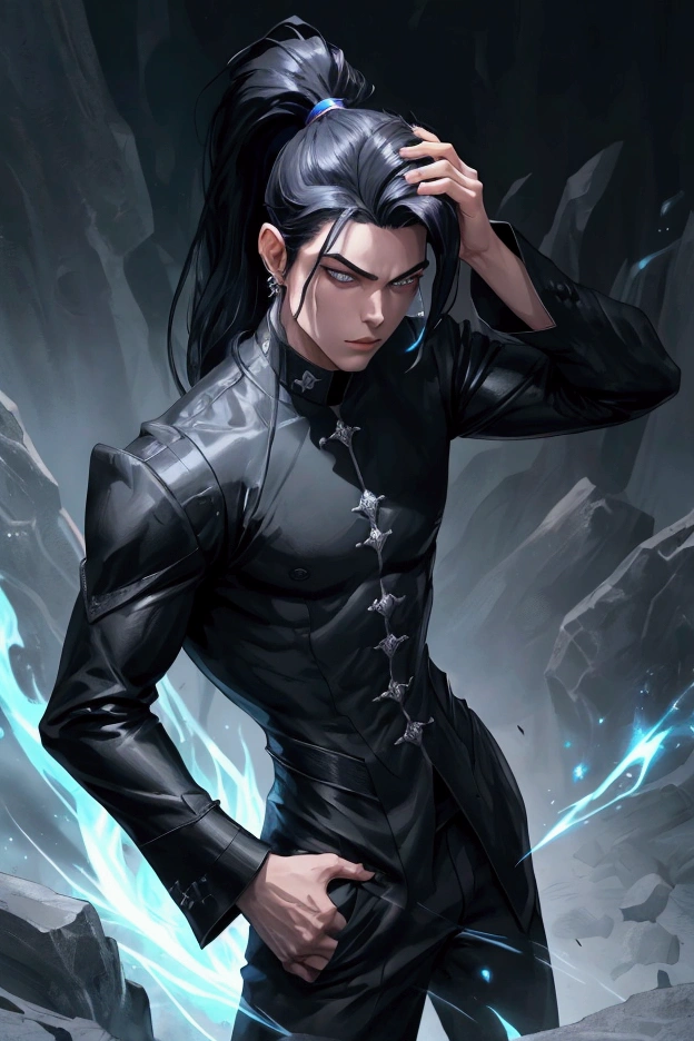 1BOY, MAT BLACK SUIT, BLACK HAIR, PONYTAIL, STANDING, HANDS ON POCKET, DARK AURA, AURA COMING OUT BODY, FANTASY, POWER, (Envy Fantasy Mix 03), 8K EYES, HIGHLY DETAILED EYE'S,